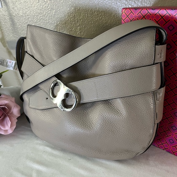 Tory Burch Gemini Link Hobo Crossbody Bag French Gray Pebbled Leather - Picture 5 of 17